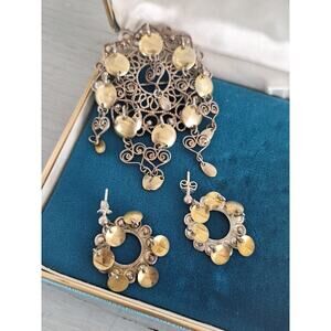 Vintage Sterling Silver Norwegian Solje Gilt Brooch and Earring Set